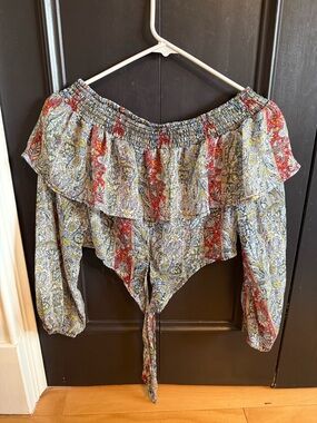Band of Gypsies Off-Shoulder Tie-Front Paisley Top in Red, Blue, Cream